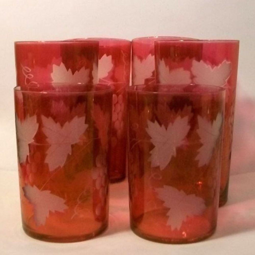 Vintage Set of 6 Bohemian Cranberry Red Etched